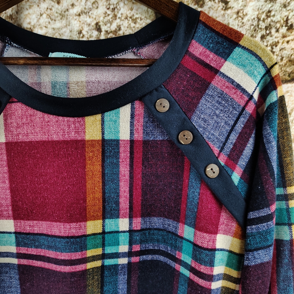 P. S. Kate Colorful Plaid Long Sleeve Top Women's Size Large - Picture 2 of 7